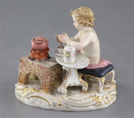 A Meissen figure of Cupid making a cup of hot chocolate, 19th century 10.6cm, slight restorations